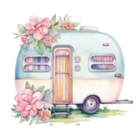 super cute Spring Caravan, Summer Holiday Caravan Traveling Watercolor, truck travel, Travel trailer watercolor illustration. png