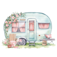 super cute Spring Caravan, Summer Holiday Caravan Traveling Watercolor, truck travel, Travel trailer watercolor illustration. png