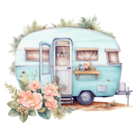 super cute Spring Caravan, Summer Holiday Caravan Traveling Watercolor, truck travel, Travel trailer watercolor illustration. png