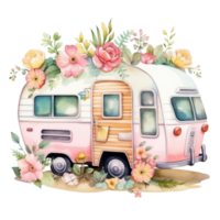 super cute Spring Caravan, Summer Holiday Caravan Traveling Watercolor, truck travel, Travel trailer watercolor illustration. png