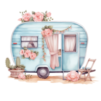 super cute Spring Caravan, Summer Holiday Caravan Traveling Watercolor, truck travel, Travel trailer watercolor illustration. png