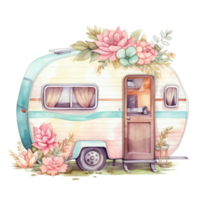 super cute Spring Caravan, Summer Holiday Caravan Traveling Watercolor, truck travel, Travel trailer watercolor illustration. png