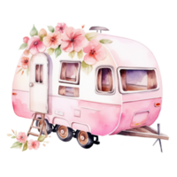 super cute Spring Caravan, Summer Holiday Caravan Traveling Watercolor, truck travel, Travel trailer watercolor illustration. png