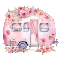 super cute Spring Caravan, Summer Holiday Caravan Traveling Watercolor, truck travel, Travel trailer watercolor illustration. png