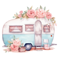 super cute Spring Caravan, Summer Holiday Caravan Traveling Watercolor, truck travel, Travel trailer watercolor illustration. png