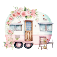super fofa Primavera caravana, verão feriado caravana viajando aquarela, caminhão viagem, viagem reboque aguarela ilustração. png