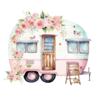 super cute Spring Caravan, Summer Holiday Caravan Traveling Watercolor, truck travel, Travel trailer watercolor illustration. png