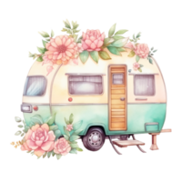 super cute Spring Caravan, Summer Holiday Caravan Traveling Watercolor, truck travel, Travel trailer watercolor illustration. png