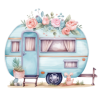 super cute Spring Caravan, Summer Holiday Caravan Traveling Watercolor, truck travel, Travel trailer watercolor illustration. png