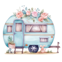 Super süß Frühling Wohnwagen, Sommer- Urlaub Wohnwagen Reisen Aquarell, LKW reisen, Reise Anhänger Aquarell Illustration. png