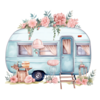 súper linda primavera caravana, verano fiesta caravana de viaje acuarela, camión viajar, viaje remolque acuarela ilustración. png