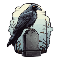 de miedo cuervo en pie en lápida sepulcral, cuervo de un tumba o cementerio, Víspera de Todos los Santos png
