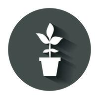 Flower pot vector icon in flat style. Seedling flower illustration with long shadow. Floral leaf business concept.