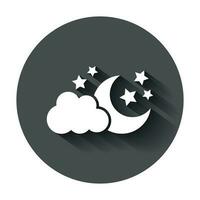 Moon and stars with clods vector icon in flat style. Nighttime illustration with long shadow. Cloud, moon business concept.