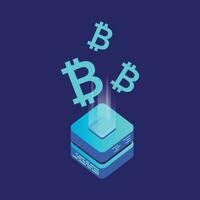 Mining bitcoin server vector icon in isometric style. Blockchain crypto money farm datacenter illustration background. Block chain concept.