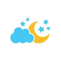 Moon and stars with clods vector icon in flat style. Nighttime illustration on white isolated background. Cloud, moon business concept.