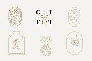 Abstract logo template with images of girls, flowers and arches. Modern minimal set of linear icons and emblems for social media, accommodation rental and travel services. vector