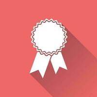 Badge with ribbon icon. Vector illustration in flat style on red background with long shadow.