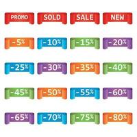 Set of colorful sale tag labels. Discount up to 5 - 80 percent. Shopping vector illustration on white background.