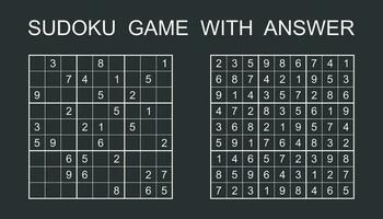 Sudoku game with answer. Vector puzzle game with numbers for kids and adults. Illustration on black background.