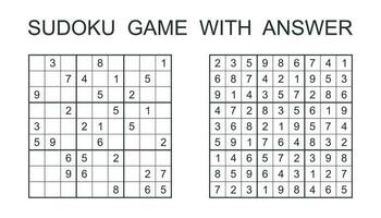 Sudoku game with answer. Vector puzzle game with numbers for kids and adults. Illustration on white background.