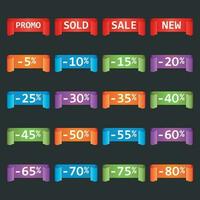 Set of colorful sale tag labels. Discount up to 5 - 80 percent. Shopping vector illustration on black background.