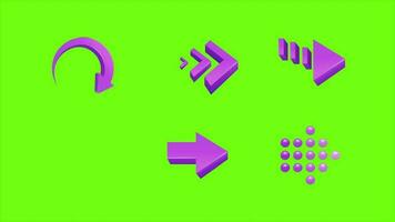 Collection of different purple arrow animations on a green background. Arrows in 3d icon set, suitable for apps, web, social media and elements video