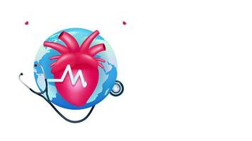 World Heart Day concept, heartbeat animation with stethoscope on earth background. Suitable for events and health education video