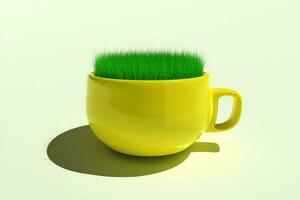 Yellow mug on light yellow background with growing green grass inside and shadow. 3D illustration photo