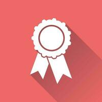 Badge with ribbon icon. Vector illustration in flat style on red background with long shadow.