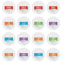 Set of colorful sale tag labels. Discount up to 5 - 80 percent. Shopping vector illustration on white background with long shadow.