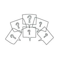 Question marks in thought bubbles. Hand drawn line art cartoon vector illustration on white background.