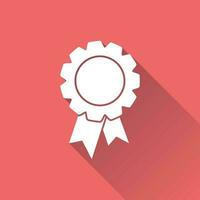 Badge with ribbon icon. Vector illustration in flat style on red background with long shadow.