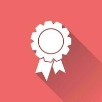 Badge with ribbon icon. Vector illustration in flat style on red background with long shadow.