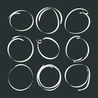 Set of the hand drawn scribble circles. Vector element. Illustration on black background.