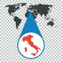 World map with zoom on Italy. Map in loupe. Vector illustration in flat style