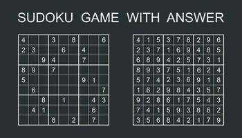 Sudoku game with answer. Vector puzzle game with numbers for kids and adults. Illustration on black background.