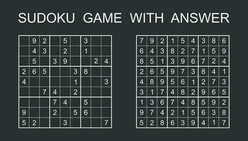 Sudoku game with answer. Vector puzzle game with numbers for kids and adults. Illustration on black background.