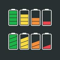 Battery icon vector set isolated on black background. Symbols of battery charge level, full and low. The degree of battery power flat vector illustration.