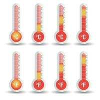 Celsius and Fahrenheit thermometers icon with different levels. Flat vector illustration isolated on white background.