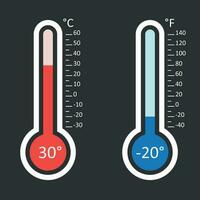 Celsius and Fahrenheit thermometers icon with different levels. Flat vector illustration isolated on black background.