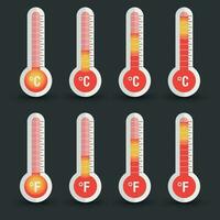 Celsius and Fahrenheit thermometers icon with different levels. Flat vector illustration isolated on black background.