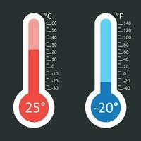 Celsius y Fahrenheit termómetros icono con diferente niveles plano vector ilustración aislado en negro antecedentes.