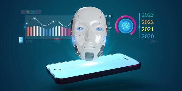 White woman robot on blurred background using digital network connection 3D rendering photo