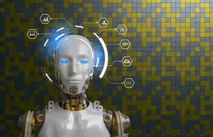 White woman robot on blurred background using digital network connection 3D rendering photo