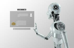 White woman robot on blurred background using digital network connection 3D rendering photo