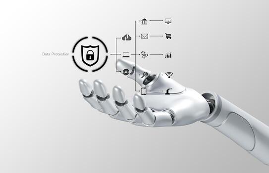 White woman robot on blurred background using digital network connection 3D rendering photo