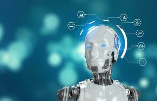 White woman robot on blurred background using digital network connection 3D rendering photo