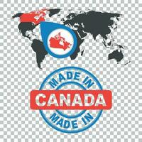 Made in Canada stamp. World map with red country. Vector emblem in flat style on isolated background.