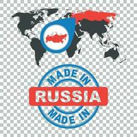 Made in Russia stamp. World map with red country. Vector emblem in flat style on isolated background.